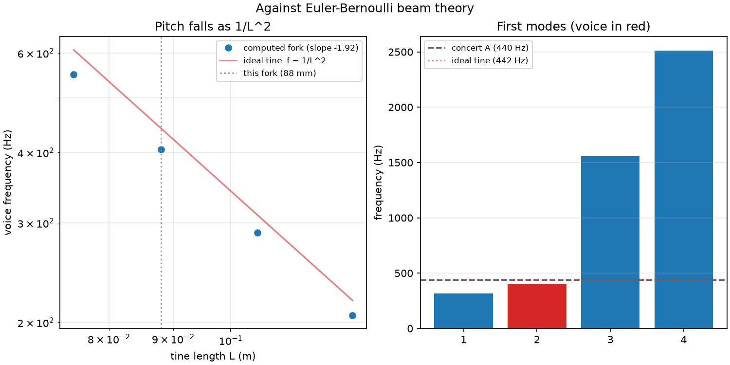 Left: the fork is a pair of clamped-free tines, so beam theory sets its voice at f = (1.875)^2 / (2 pi) . (t / L^2) . sqrt(E* / 12 rho), the pitch falling as 1/L^2. Sweeping the tine length, the computed fork tracks that slope and sits a little below the ideal-tine line, because a real fork's base yields where beam theory assumes a rigid clamp. Right: this fork's first modes: the voice (red) lands near concert A, a few percent under the ideal tine for the same base-compliance reason.